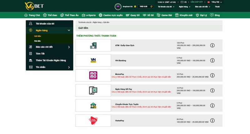 Phương Thức Thanh Toán Nạp Tiền V9Bet Đang Có